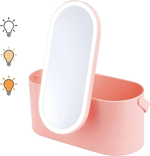 Fasjewly Caja organizadora de maquillaje de viaje con espejo estuche de cosméticos portátil con 3 colores regulables iluminación LED rosa multiusos