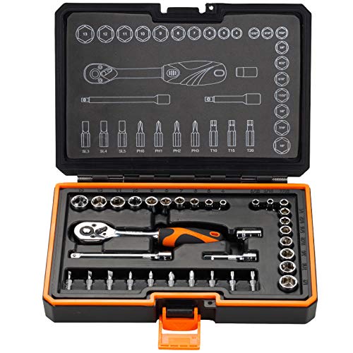 KENDO 35-Pieces 1/4’’ Dr. Ratchet Socket Wrench Set - Professional CRV SAE & Metric Sockets + Bits with 72 Tooth Reversible Quick Release Wrench, Extension Bars & Adapter - Premium Carry Case Included