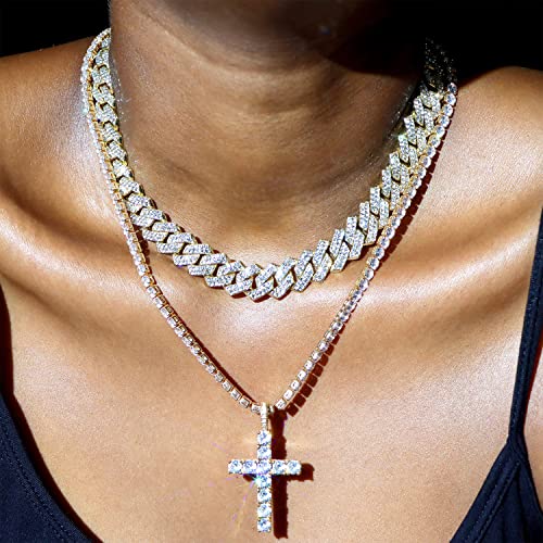 Dlsixnco Cuban Link Chain For Men Women Cross Necklace For Men Women Iced Chain Miami Cuban Link Chain Cross Pendant Diamond Chain For Men Boys Religious Jewelry Gift (Gold, 16"+18") #TOP2