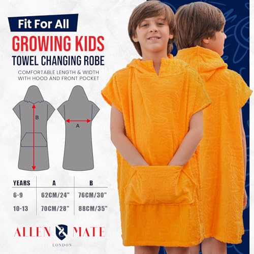 Image of ALLEN & MATE 100% Cotton Kids Hooded Surf Poncho Changing Robe, Quick Absorbent Wearable Swim Towel Boys & Girls, 6-13 Years