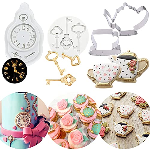 Laventy 4 Pcs Tea Party Cookie Cutter Tea Party Cake Mold Tea Party Cupcake Decoration Teapot Fondant Mold Tea Cup Mold Clock Mold Tea Party Favors Tea Party Supplies #TOP24