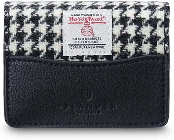 Islander The Card Case - Made of Microfibre Leather & Harris Tweed, 4.13'x3.14' (Black and White Dogtooth)