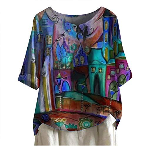 Women's Summer Tops Colorful Shirts Casual Loose Tee 3/4 Sleeve Buttoned Blouses for Women Tunic Tops Blue