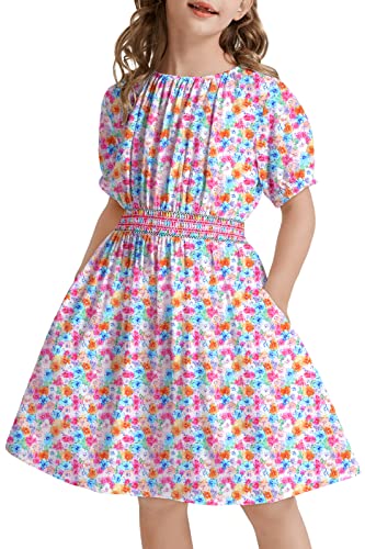 Tiny Sugar Girls Smocked Waist Soft Viscose Midi Dress Elastic Crewneck Casual Playwear Skater Dress With Pockets Colorful Floral Ss-7Y #TOP6