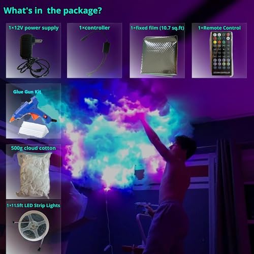 Image of Cloud LED Lights for Ceiling. 3D Thunder Clouds Light Music Sync LED Storm Cotton Kits with Multicolor Changing Strip. Thundercloud DIY Set for Gaming Room & Basement decor 11.5 Ft