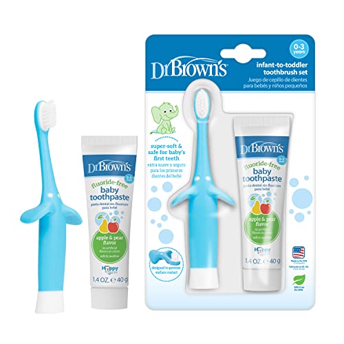 Image of Dr. Brown’s Infant-to-Toddler Training Toothbrush Set, Blue Elephant with Fluoride-Free Apple Pear Baby Toothpaste, 0-3 years