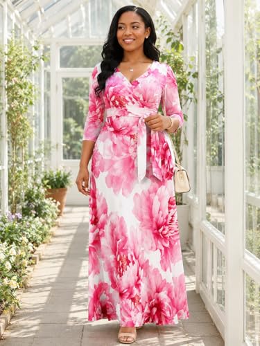 Image of SUZONANA Plus Size Dresses for Women Floral Print Maxi Dress Flowy 3 /4 Sleeve with Belt