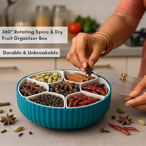Image of KEATON 360 Rotating Masala Box for Kitchen | 7 Section Spice Container | Rangoli Dabba | Transparent Lid | BPA Free | Green