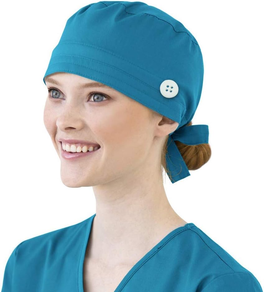 Mifelio Scrub Cap Adjustable Scrub Hats with Buttons Cotton Sweatband for Women Men（Blue）