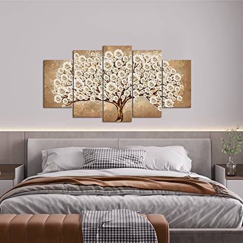 Ryounoart 5 Piece White Rose Painting Wall Art Vintage Gold Blooming Flower Tree Canvas Prints Large Framed Floral Pictures For Living Room Bedroom Wall Decor Ready To Hang #TOP4