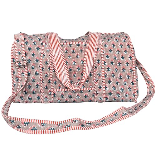 ATOSII Handblock Print 100% Cotton Large Quilted Duffle Bag for Overnight Trip Travel Weekend Bag Luggage 2 Pockets with Zipper 1 Front Pocket Detachable Long Strap 20 X 10 X 12 Inches Pebble