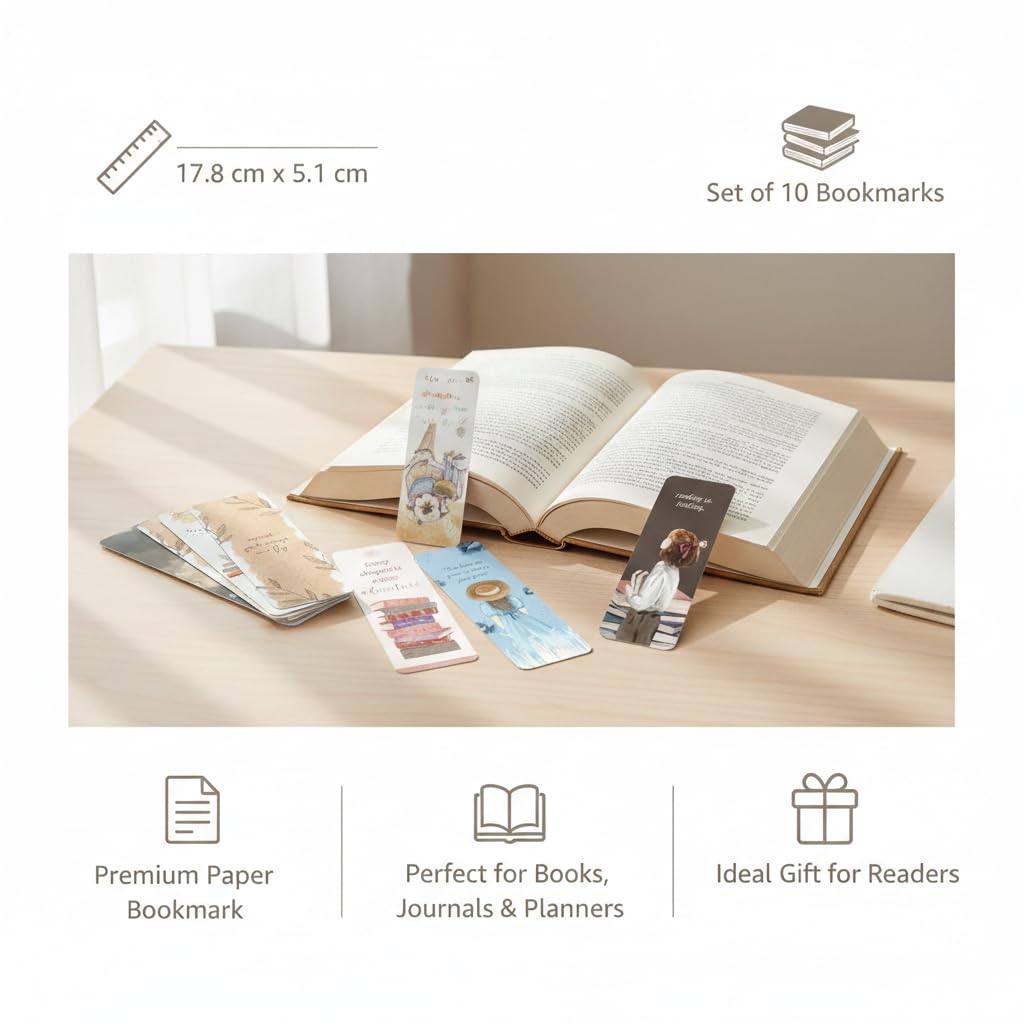 CJ'S Book Marks | Bookmarks for Books Aesthetic | Set of 10 (7 x 2 INCHES) with Free Sticker | Book Marks Aesthetic | Paper Bookmark | Gift for Him/Her, Designer's Multi-Color