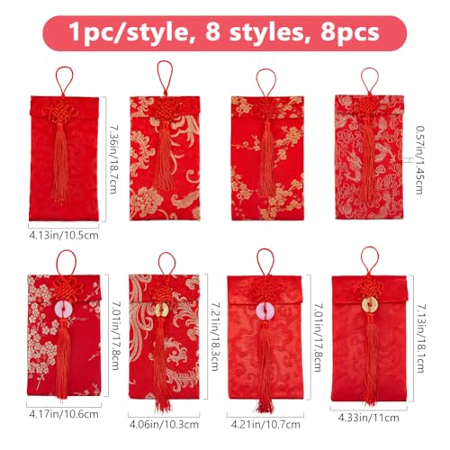 SUPERFINDINGS 8 Stück Seidenrote Glücksgeldumschläge Chinesische Rote Hong Bao Hüllen Für Frühlingsfest Geburtstage Neujahr Hochzeiten Mit Kordeldekoration