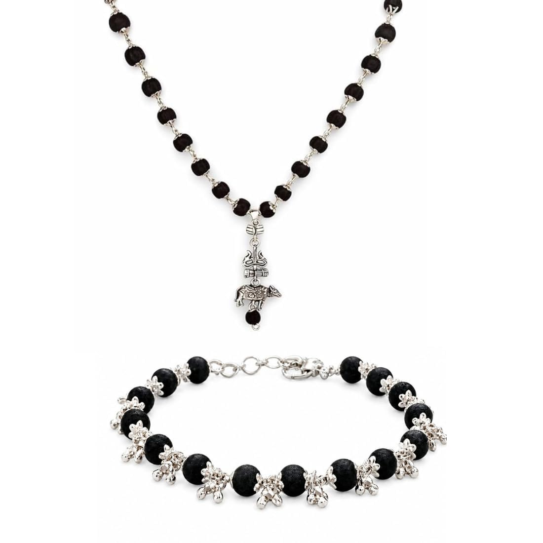 Karungali Ghungroo Bracelet S-P with Black Nandi Mala Necklace Set for Men & Women | Spiritual Beaded Traditional Jewelry Set-image-38