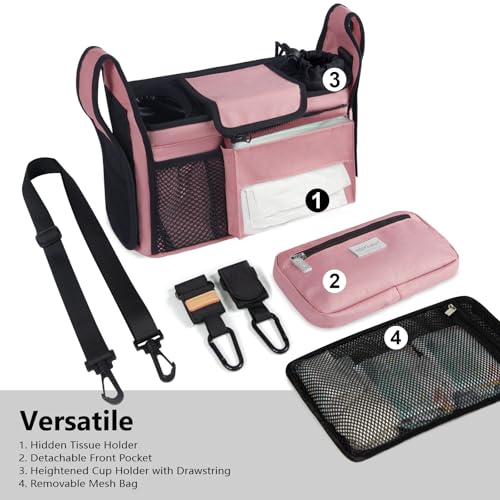 Image of TOPDesign Universal Baby Stroller Organizer, Stroller Caddy with Detachable Mesh Bag & Heightened Insulated Cup Holders & Non-Slip Secure Hooks Accessories, Fits Most Strollers (Pink)