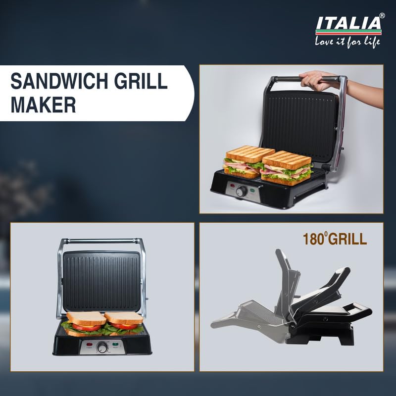 Image of ITALIA Electric Contact Sandwich Grill Maker, 2000W, 180� Opening, Temperature Control, Non-Stick Plates