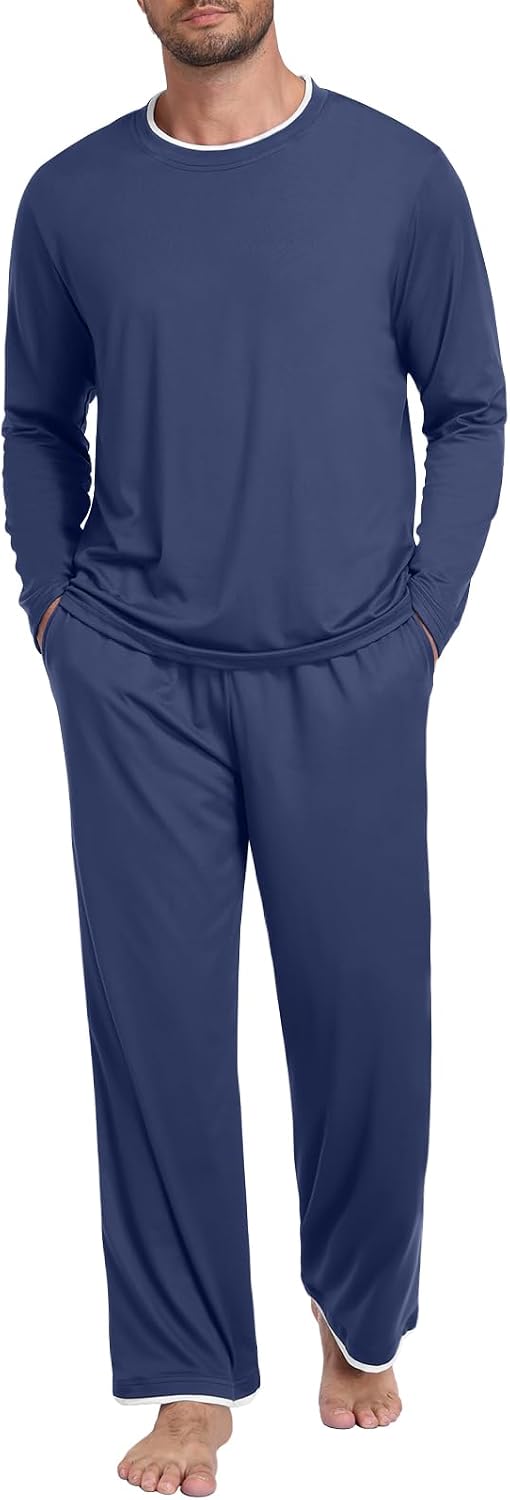 Mens Pajama Set Long Sleeve Pjs Soft Lightweight Sleepwear with Pocket
