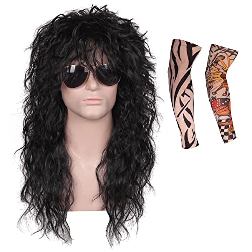 FantaLook Wig with Tattoo Sleeves for Men Black Curly Cosplay