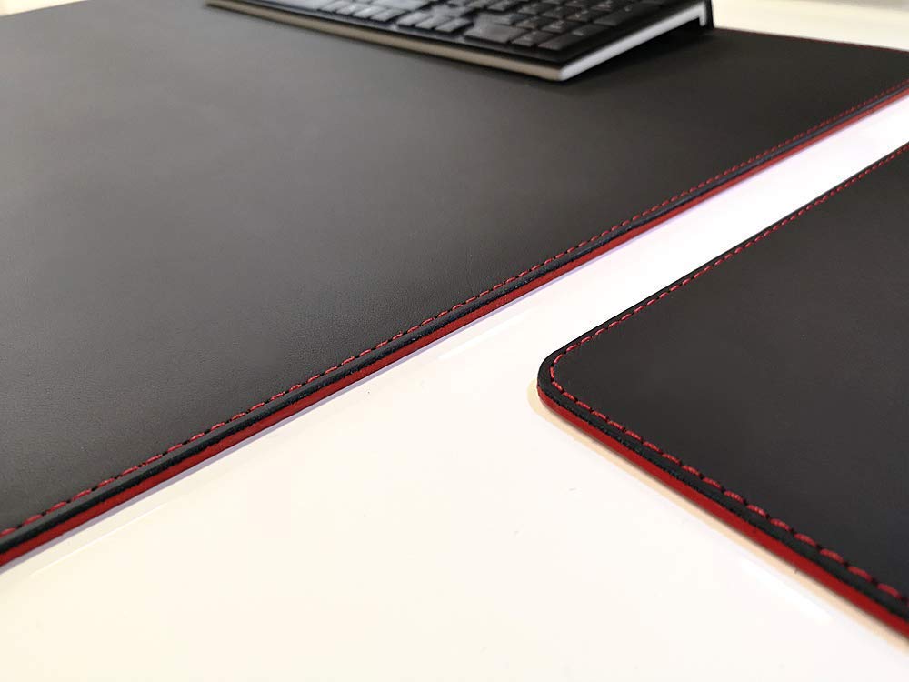 Gewinkelte Schreibtischunterlage mit Kantenschutz Echt Leder Schwarz mit roten Absatz 60 x 38cm Echt Rindsleder glatt ohne Mousepad