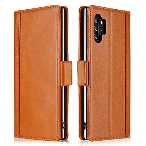 ProCase Galaxy Note 10 Plus Case Flip/Note 10+ 5G Genuine Leather Case，Vintage Wallet Folding Magnetic Protective Cover with Kickstand Card Holders for Galaxy Note 10+ / Note 10 Plus /5G 2019 -Brown