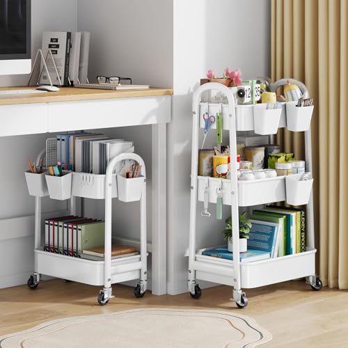 2 Tier Rolling Cart Metal with Wheels, White Under Desk Storage Carts on Wheels, Two Tiered Short Shelf Cart, Small Utility Organizer Trolley for Dorm, Bathroom, Craft, Art, Baby,Diaper Caddy, Bedside