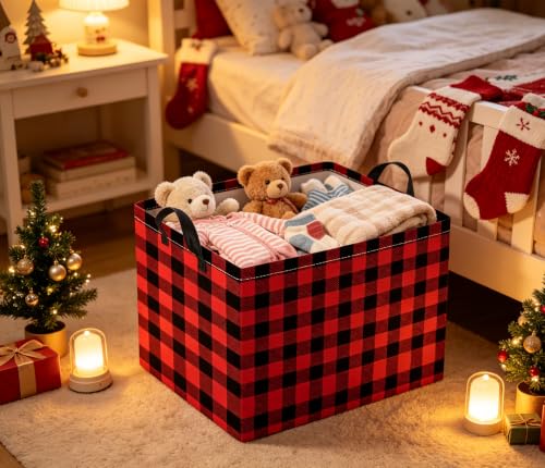 Image of Rectangular Storage Basket for Boys Kids Basket Storage Bin Organizer Box(Red Checkered)