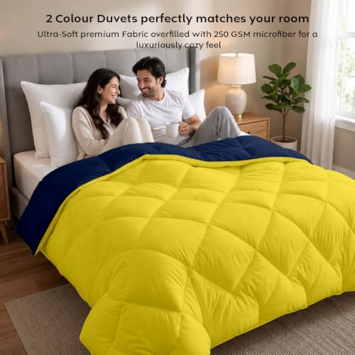 Image of AYKA Reversible Comforter 220 GSM Microfiber Reversible AC Comforter /Blanket for Winter /Quilt /Duvets for King Size Double Bed Comforter (90 * 100, Yellow & Navyblue)| TC - 220
