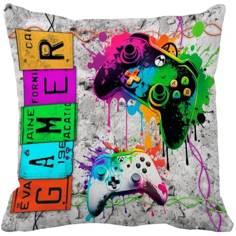 Leaveland Neon Video Game Controller 18x18 Inch Throw Pillow Cover Luminous Gaming Decorative Soft Square Cushion Case Playroom Teen Boy Son Gamer Party Decor Christmas Day Gift Accent Pillowcase Sham Cover