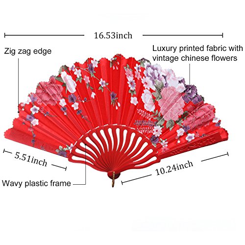 Babeyond Spanish Floral Folding Hand Fan Vintage Handheld Lace Folding Fan With Different Patterns Fabric Folding Fan For Wedding Dancing Party (Chinese Rose-3), 8-Pack #TOP1