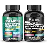Peakhealth Shilajit Sea Moss Black Seed Oil Ashwagandha Capsules for Man Woman,2 Bottle Combo with Turmeric, Panax Ginseng, Rhodiola,19,445mg Herbal Formula,Energy & Immune Support, 60 Capsules