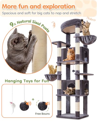 Image of Taoqimiao Heavy Duty Cat Tree, 73In Sturdy Cat Tower for Large Cats 25lbs+ | 2 Widen Condos, Enlarged Sleeping Platform, 9 Scratching Posts, 2 Cozy Baskets, Cat Toys, Smoky Gray, F30G