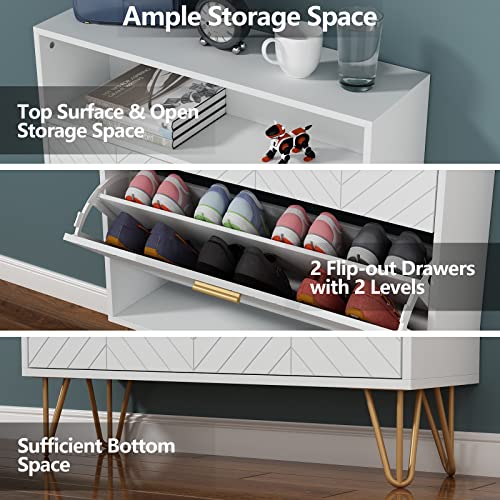 Auromie Shoe Storage Cabinet with 2 Flip Drawers, Freestanding Tipping Bucket Shoe Cabinet, Modern Entryway Shoe Rack with Storage Top Cubby, Narrow Slim Hidden Shoe Organizer with Doors (White)
