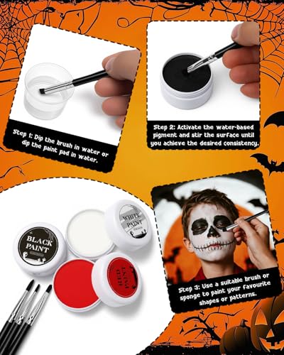 Mexlyca Halloween Effects Makeup Kit, Red Black White Face Paint Makeup, Makeup with Tri-color makeup Tattoo stickers Makeup sponges Makeup brushes, Perfect for Halloween Zombie Vampire Skeleton - Image 4