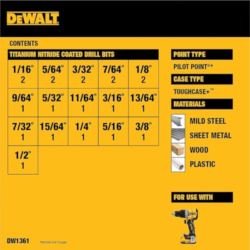 Image of DEWALT Drill Bit Set, 21 Pc. Titanium Nitride Coated Pilot Point DEWALT Bit Set with Case for Wood, Metal and Plastic (DW1361)