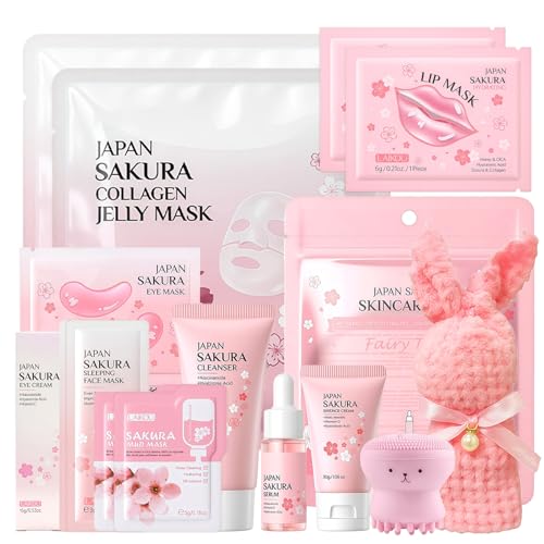 Sakura Gesichtspflege Set 15 Stück, Hauttäglich Hautpflege Set mit Cleanser, Serum, Schlammfilm, Lippenmaske, Gesicht Reinigung & Pflege, Sakura Hautpflege set für Teenager Mädchen Frauen