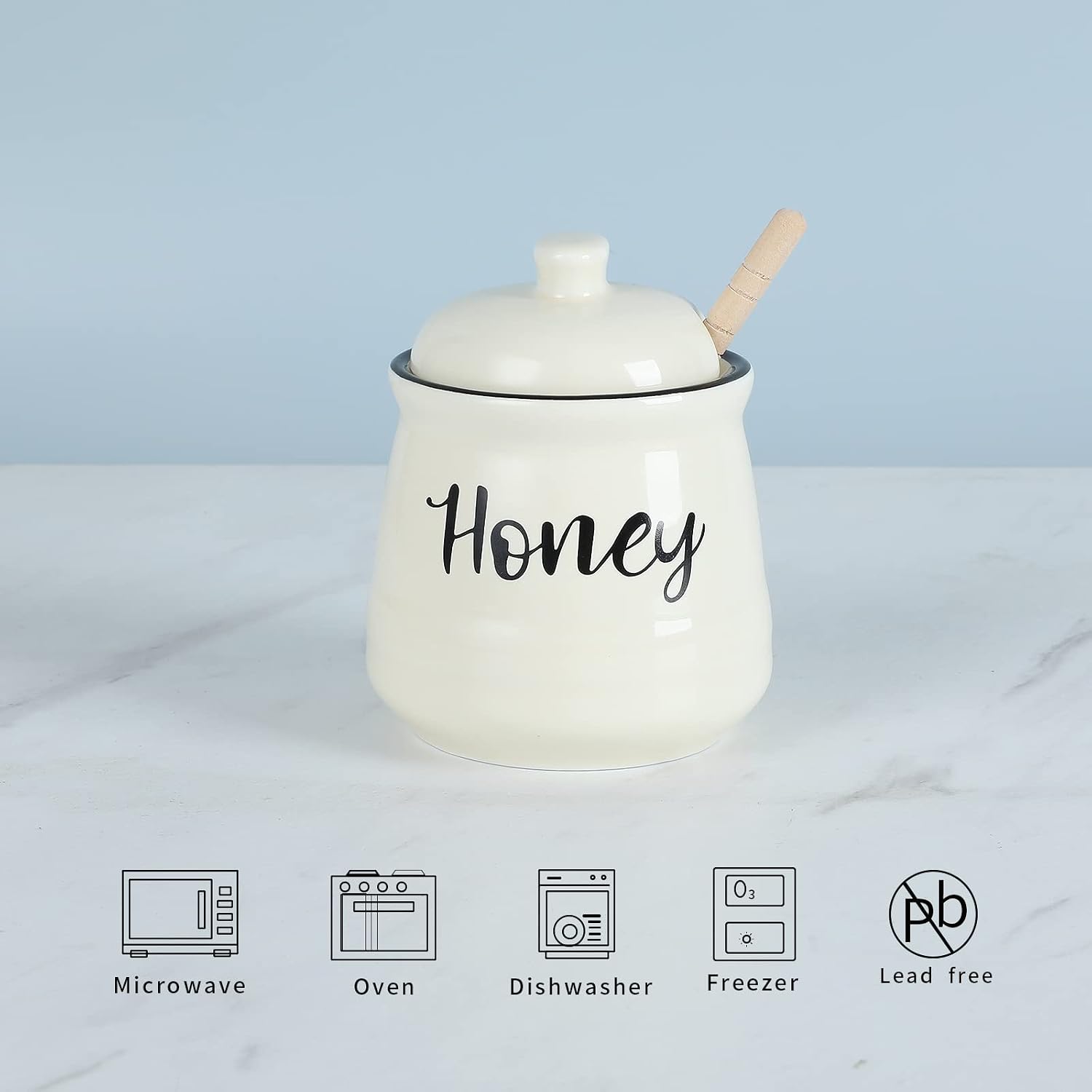 Farmhouse Porcelain Honey Jar with Dipper and Lid Set 12oz (Beige) image 3