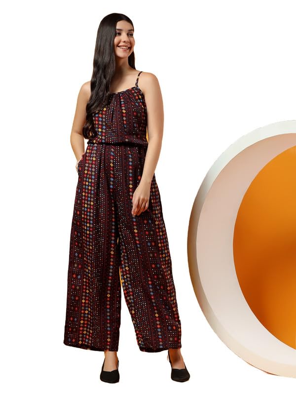 Women's Printed Shoulder Strap Sleeveless Jumpsuit | Adjustable Straps | 2 Pockets | Concealed Zip | Cotton Lining | 4X-Large-picture-20