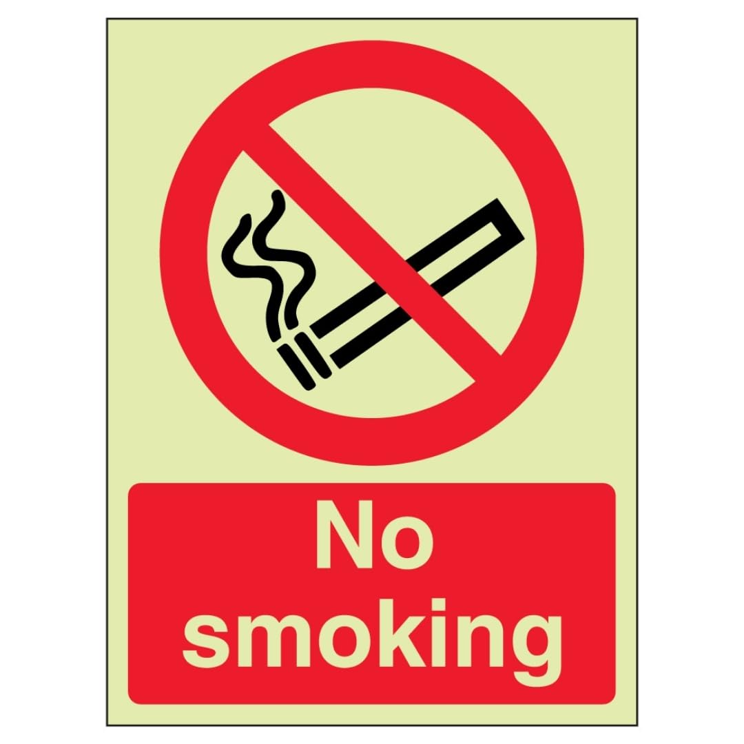 V Safety No Smoking - Portrait 100 x 150 mm - Glow In The Dark 1mm Rigid Plastic Safety Sign