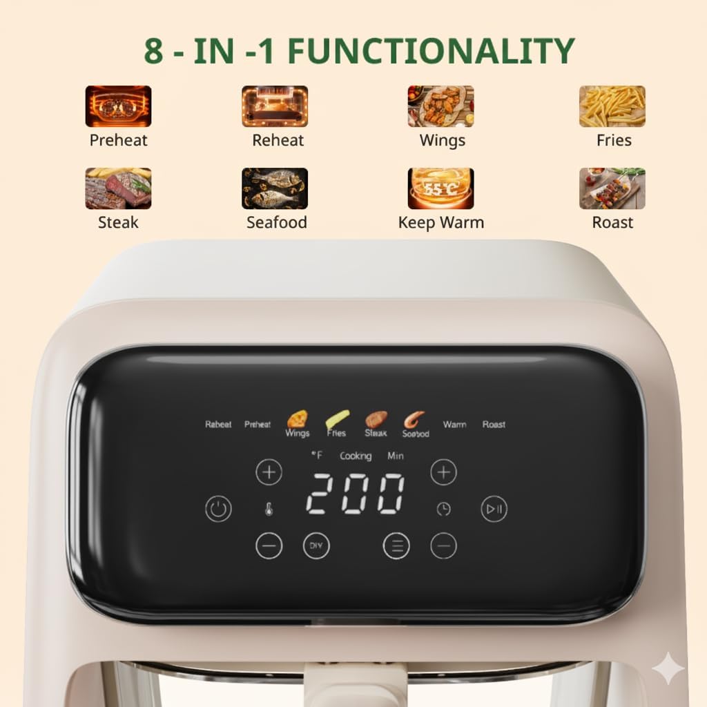 Close-up of the Generic 4.2QT Glass Air Fryer's digital touch control panel, showing temperature, time, and preset icons.