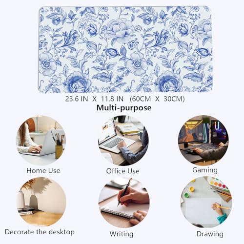 Image of Blue Chinoiserie Mouse Pad,Blue and White Floral Desk Mat, Large Floral Preppy Trendy Mouse Pad,Girly Gaming Mousepad,Girly Laptop Desk Mat for Dorm Home Office Decor,23.6x11.8 Inch