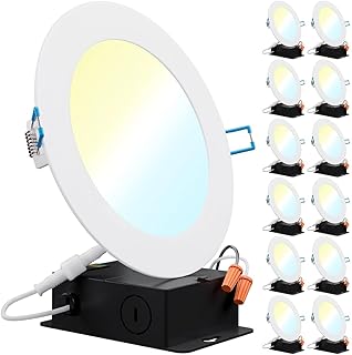 Sunco 12 Pack 6 Inch Ultra Thin LED Recessed Ceiling Lights Slim, Selectable CCT 2700K/3000K/3500K/4000K/5000K, Dimmable, 14W, Wafer Thin, Canless with Junction Box - ETL T24