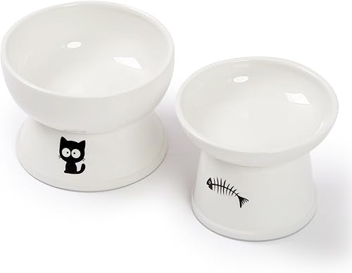 FOREYY - Juego de cuencos elevados para comida y agua para gatos, cuencos elevados de cerámica para gatos con anillo antideslizante, antivómitos de