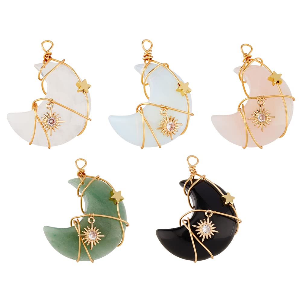SUPERFINDINGS5Pcs Moon Gemstone Pendants Copper Wire Wrapped Stone Charm Colorful Quartz Pendant for DIY Jewelry Making Necklaces Crafts Findings,Hole:4~5mm