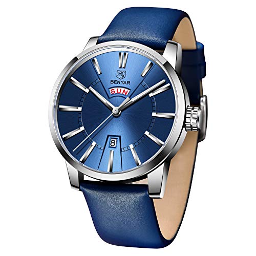 BENYAR - Stylish Wrist Watch for Men, Genuine Leather Strap Watches, Perfect Quartz Movement, Waterproof and Scratch Resistant, Analog Business Watches