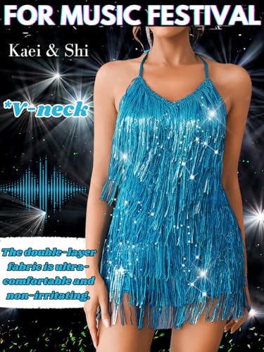 Image of Kaei&Shi Sequin Fringe Romper,Sparkly Glitter Metallic Jumpsuits For Women,Backless Shorts Dress Disco Birthday Dance Outfit