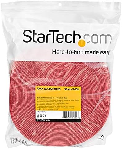 StarTech.com 100ft Hook and Loop Roll - Cut-to-Size Reusable Cable Ties - Bulk Industrial Wire Fastener Tape/Adjustable Fabric Wraps Red/Resuable Self Gripping Cable Management Straps (HKLP100RD)