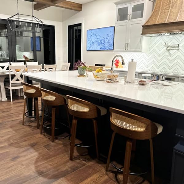 Image of 30 inch Swivel Rattan Bar Stools,Mid-Century Modern Beige Linen Fabric Upholstered Counter Height Stools,Kitchen Island Barstools with Rattan Low Backrest,Walnut Wood Finish Bar Chair,1PCS