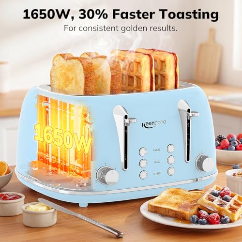 Image of Keenstone Toaster 4 Slice, Retro Stainless Steel Wide Slot Toaster with Dual Independent Controls, 6 Browning Levels, Bagel, Defrost, Reheat & Cancel, Removable Crumb Tray, Blue