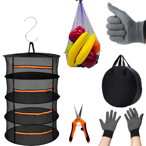 Fycooler Rejilla de secado de hierbas plegable de malla de 3 pies con gancho y tijeras de jardinería, guantes, bolsa de almacenamiento para alimentos, hierbas, verduras, frutas, plantas de té,