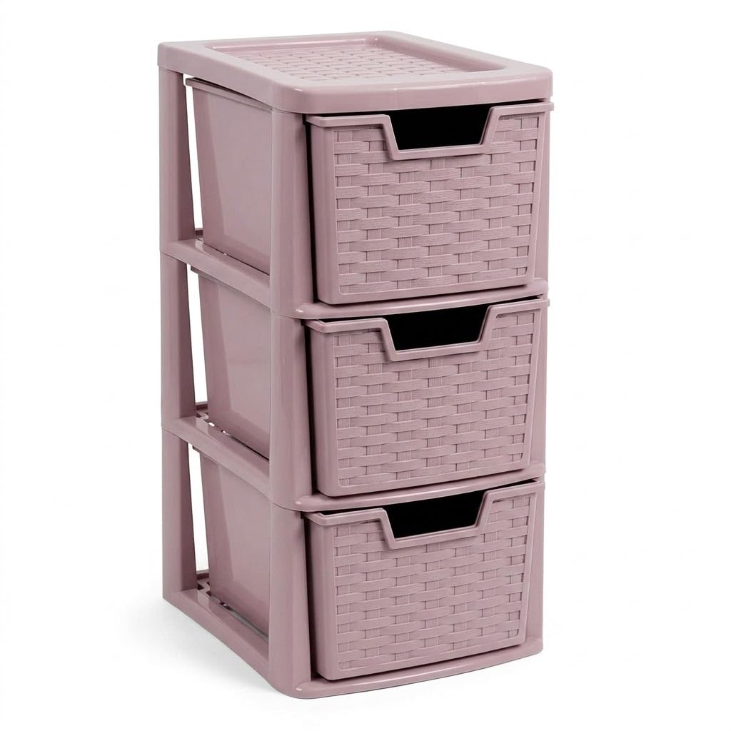 Kaanco Medium Plastic Storage Drawers A5 Storage Drawers Unit Space Saving Plastic Drawers for Bedroom Kitchen Laundry Bathroom Organisation Plastic Storage Drawers Organizer (3 Tier Rattan Pink)